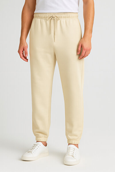 metsawear Unisex Cream Elastic Leg Fleece-Lined 2 Thread Sweatpants – Comfortable Fit