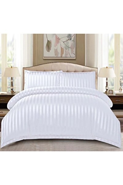 MHR Damask stripe bedding set 1 cm for double bed, 4-piece fitted sheet 180x200 cm white