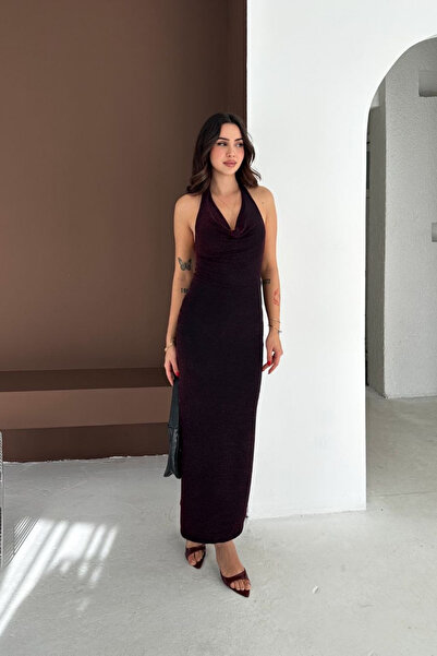 MİROR Women's Burgundy Metallic Thread Halter Midi Dress