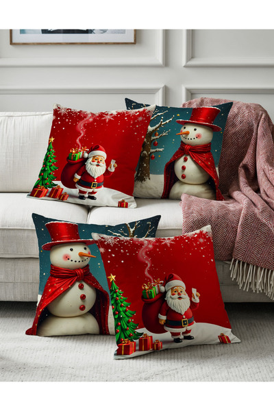 Sakallı Christmas Throw Pillow Cover Set of 4 – Santa Claus and Snowman Pattern, Red and White Color
