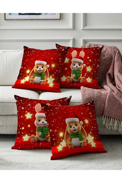 Pillow Home New Year Themed Set of 4 Rabbit Patterned Red Digital Print Throw Pillow Covers Decorative Pillowcases