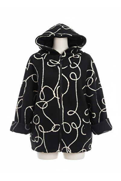 della moor Women's Black Italian Feather Zippered K Hooded Wide Fit Boucle Coat