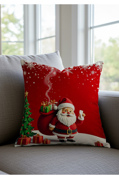 Sakallı Christmas Throw Pillow Cover Set of 4 – Santa Claus and Snowman Pattern, Red and White Color