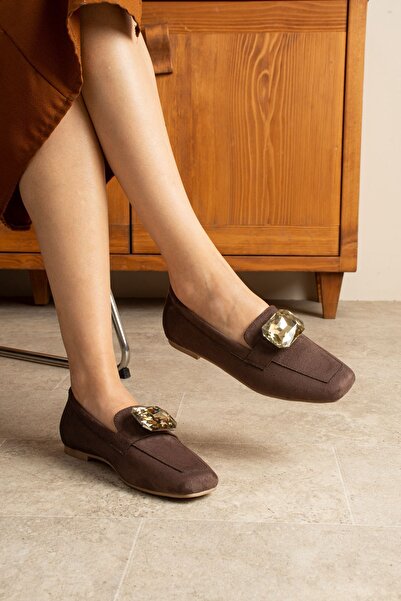 dabab shoes Lira Brown Stone Detailed Suede Women's Loafer