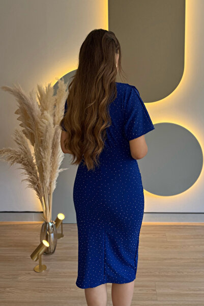 Aventien Draped Stone Cobalt Blue Midi Dress