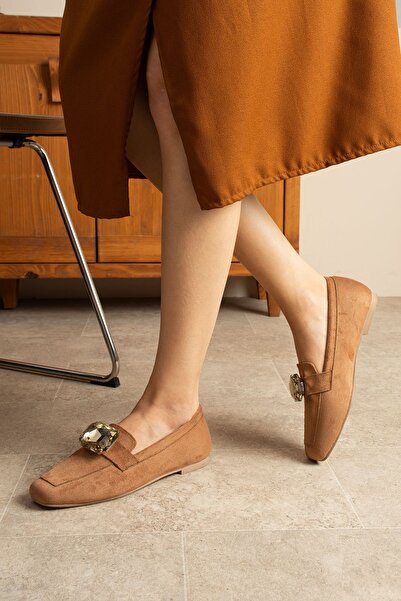 dabab shoes Lira Tan Stone Detailed Suede Women's Loafer