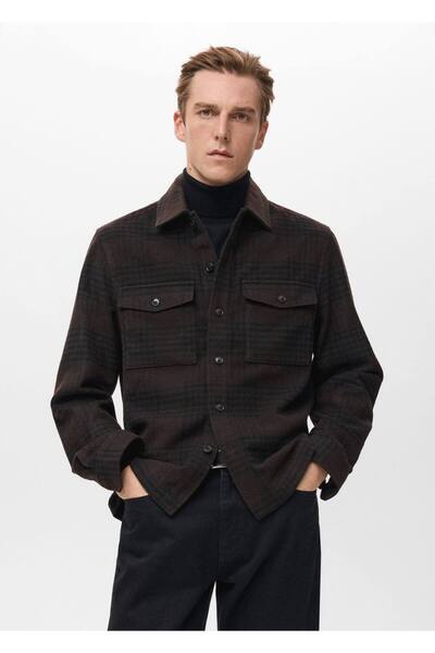 MANGO Man Kareli yün karışımlı gömlek ceket