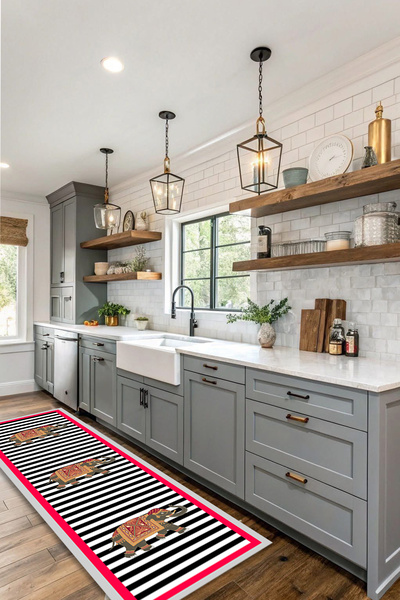 Kessy Home Studio Fil Desenli Dijital Baskı Kaymaz Taban Halı Makinede Yıkanabilir Halı Mutfak Halısı Yolluk Halısı