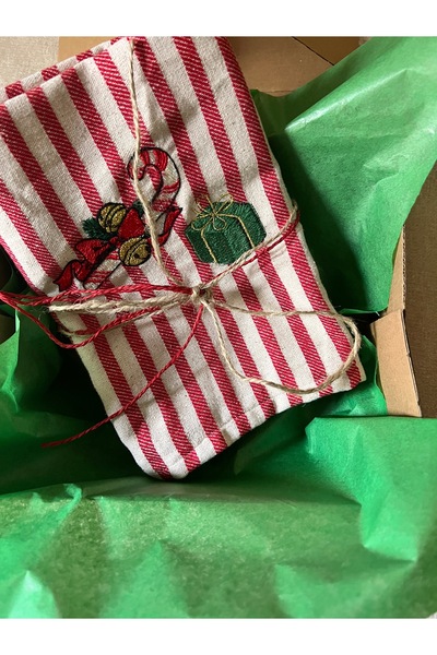 Rachel New Year Themed Linen Red Striped 2-Piece Dishcloth & Towel Set