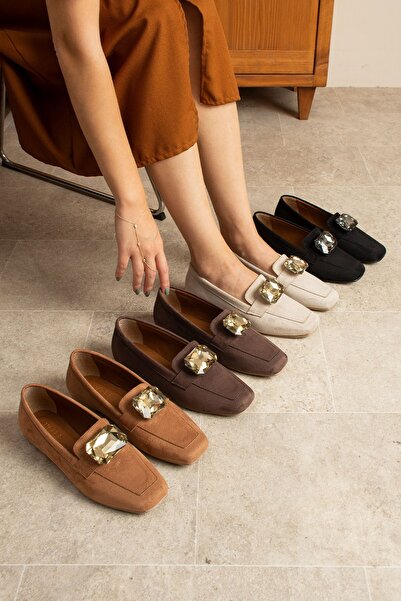 dabab shoes Lira Brown Stone Detailed Suede Women's Loafer