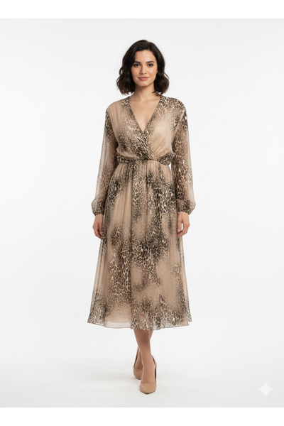 della moor Beige Italian Leopard Pattern K Double-Breasted Collar Lined Long Silk Dress