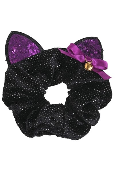 OEM Elastic de păr textil negru cu strasuri, urechi și clopoțel mov cu sclipi...