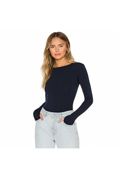 Bliss Women's Crew Neck Finger Detailed Bodysuit Set of 3 Black-White-Navy Blue