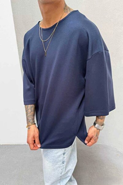 MADZEYMODA Men's Oversized Kalıp Oyaho Fabric Navy Blue T-Shirt Ke-7001