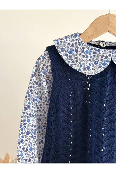 Pinkitokids Floral Collar and Shirt Detailed Knitwear Set-Navy Blue