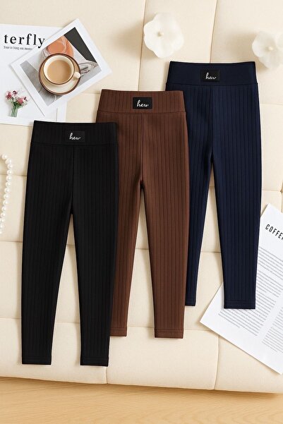 tunays shopping Girl's Corded Fabric Fleece-Lined Arma Detailed Leggings Set of 3