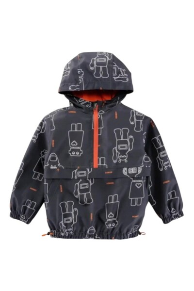 Midimod Erkek Çocuk Robot Desenli Su Geçirmez Hoodie Yağmurluk – Kapüşonlu Mevsimlik (1–5 Yaş)