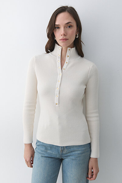 Laluvia Cream Snap Fastener High Neck Sweater - 251037