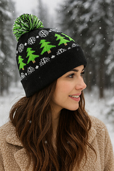 MİHALİÇ Unisex Kışlık Ponponlu Noel Temalı Triko Bere – Çam Ağacı & Kar Tanesi Desenli