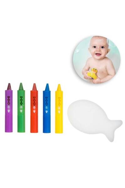 OEM Bath Play Set with 5 Colored Crayons & Fish Sponge - 6 pcs