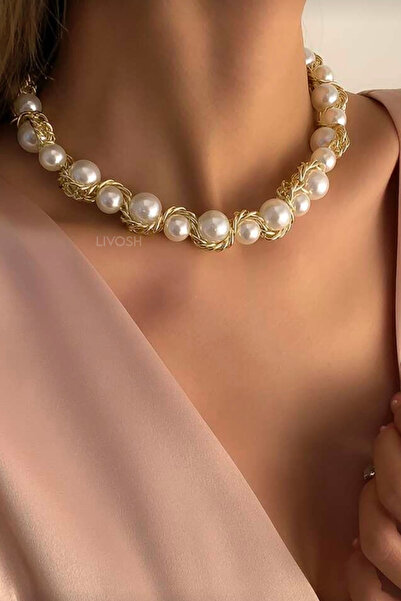 LIVOSH قلادة من اللؤلؤ والسلسلة على شكل مسار مائي