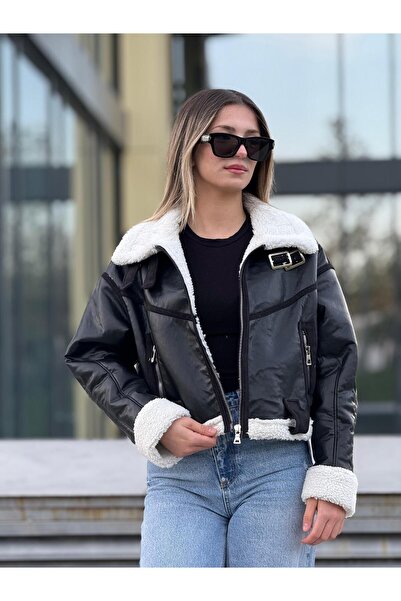 MODAEMAS Women's Fur-Lined Leather Coat