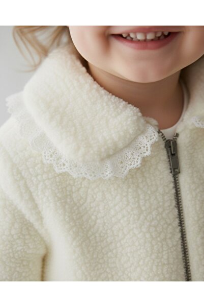 Ege Bebek Baby Girl 1-2-3 Years Old, Floral Embroidery, Lamb Cardigan with Ruffle Detail, Jacket, Fleece Cardigan Jacket