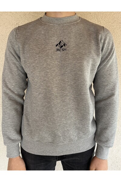 Mesh Men's Gray Premium Sweatshirt – Regular Fit – Crew Neck – Embroidered Winter Model