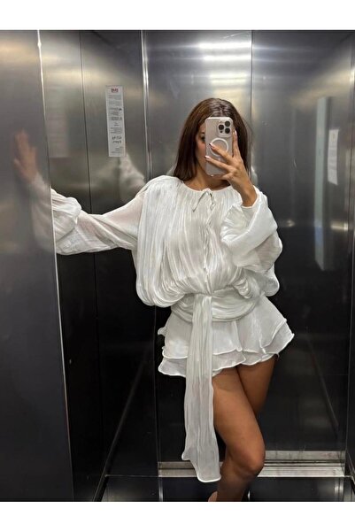 LEVABOUTIQUE Silky Satin Textured Pleated Volume Sleeve Evening Mini Dress