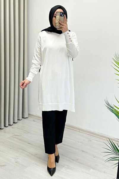 T Moda Store Noshe Soğuk İp Merserize Kumaş Kol Ucu Gold Düğme Detaylı Kadın Tesettür Tunik