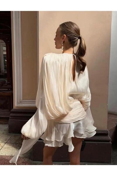 LEVABOUTIQUE Silky Satin Textured Pleated Volume Sleeve Evening Mini Dress