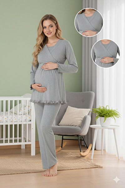 Lohussa Women's Gray Long Sleeve Double-Breasted Collar Special Design Maternity Pajama Set