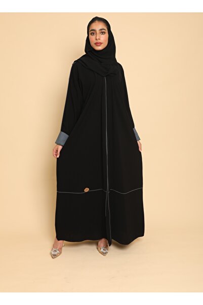 Stylish عباية ملكي باللون الأسود بتحديد رمادي