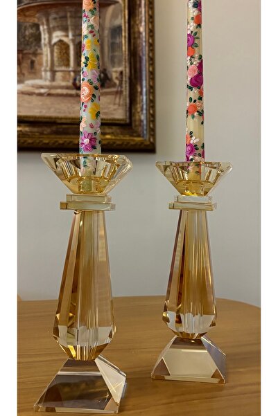 Kiri Dekoratif Kristal Cam İkili Baba Şamdan Amber(Bal)