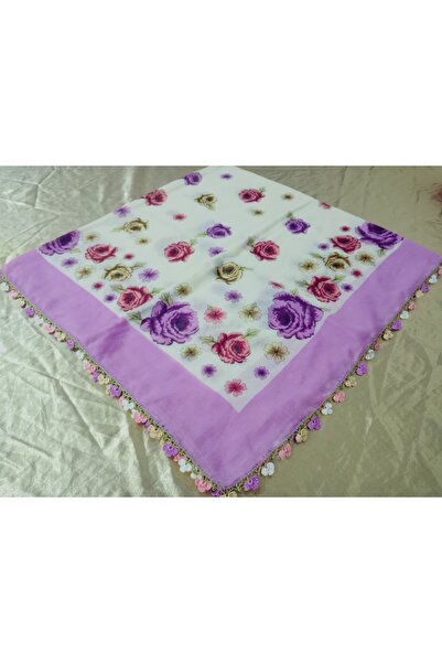 hoaryage Handmade Needlework, Shuttle and Crochet Embroidery, Cheesecloth Yemeni, Scarf, 4-Sided Embroidered 100X100 cm