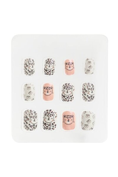 OEM Adhesive white and pink glitter leopard-cat false nails for children - 12...