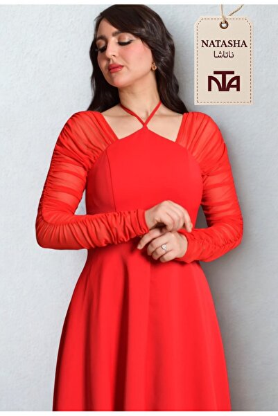 NATASHA Fashion Women's red dress with a unique sleeve design