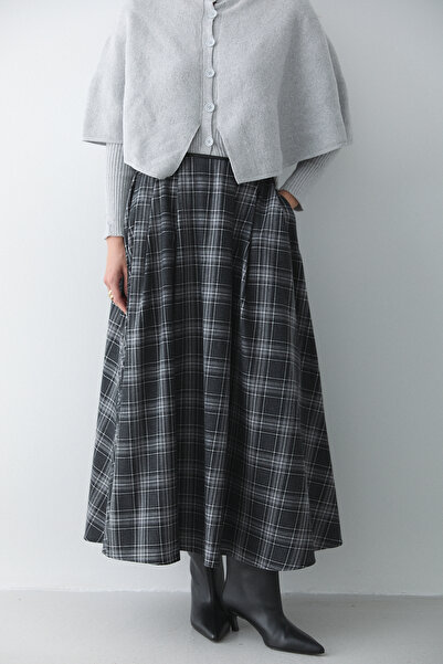 Laluvia Anthracite Gray Leather Striped Plaid Skirt - 4977
