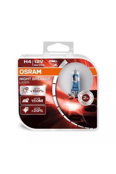 Osram H4 Night Breaker LASER Halogen Bulbs Set (2) +150%, 12V, 60/55W