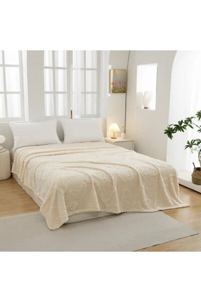 MHR Cocolino blanket for double bed, butterfly pattern, Plain, 200x230cm, Cream
