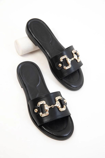 ZENGEZUR MALL Mtxdpn Toha Black Leather Buckle Slippers (221241) (Size: 37)