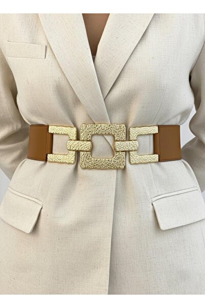 MODAM HİFA Gold Buckle Elastic Belt Dress Belt Shirt Belt Waist Belt Body Belt