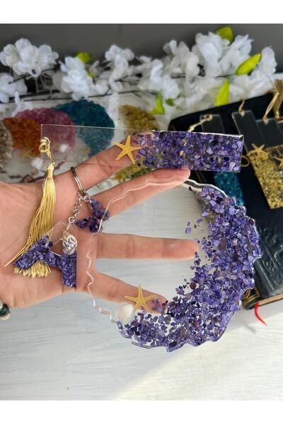 Sultan Tasarım Renkli Deniz Kabuklu Epoksi Kitap Ayracı Bardak Altlığı Harf Anahtarlık Seti