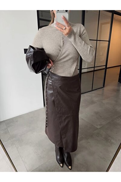 BRTC design Women's Bitter Brown Staple Belt Detailed Wrap Leather Skirt