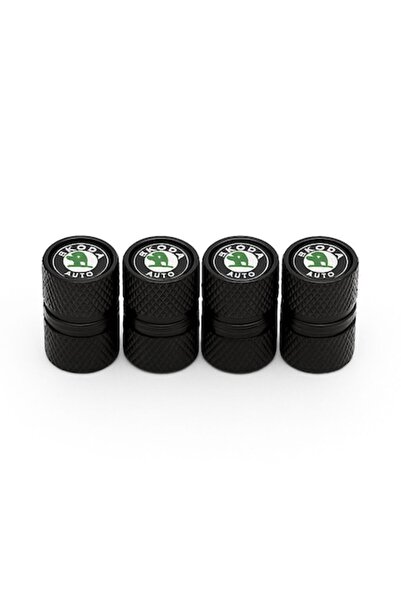 Skoda Set 4 capace de supape Škoda – aluminiu negru, emblemă verde clasică (u...