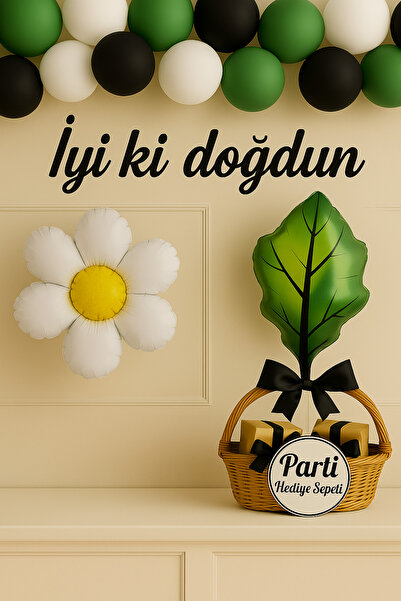 parti hediye sepeti Papatya & Yeşil Yaprak Folyo Balon Seti | Doğal Konsept D...
