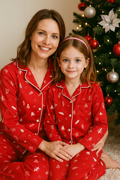 Nuvella Anne çocuk yeni yıl temalı pijama takımı (mom and girl) süet kumaş bi...