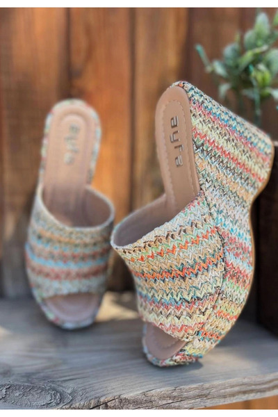 ZENGEZUR MALL Mtxdpn Tlay Kilim Patterned Wedge Heel Slippers (215541) (Size: 36)