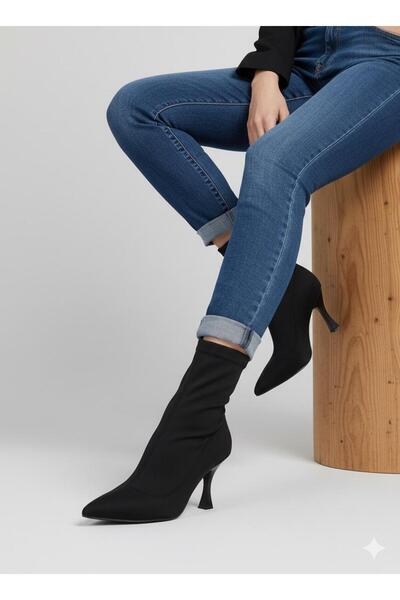 softoria shoes Kadın Siyah Streç Dalgıç Kumaş Topuklu Bot