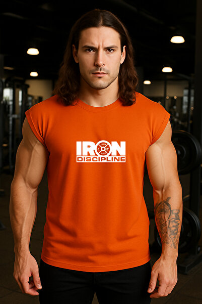 BESSA Orange Printed Athlete Tank Top Crew Neck Cotton Sleeveless Tank Top Iron Discipline Men's